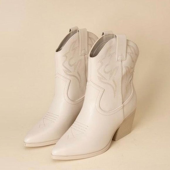 NEW🔥 Bone Embroidered Cowboy Western Ankle Booties Boots Pointed Toe Block Heel - Picture 6 of 8